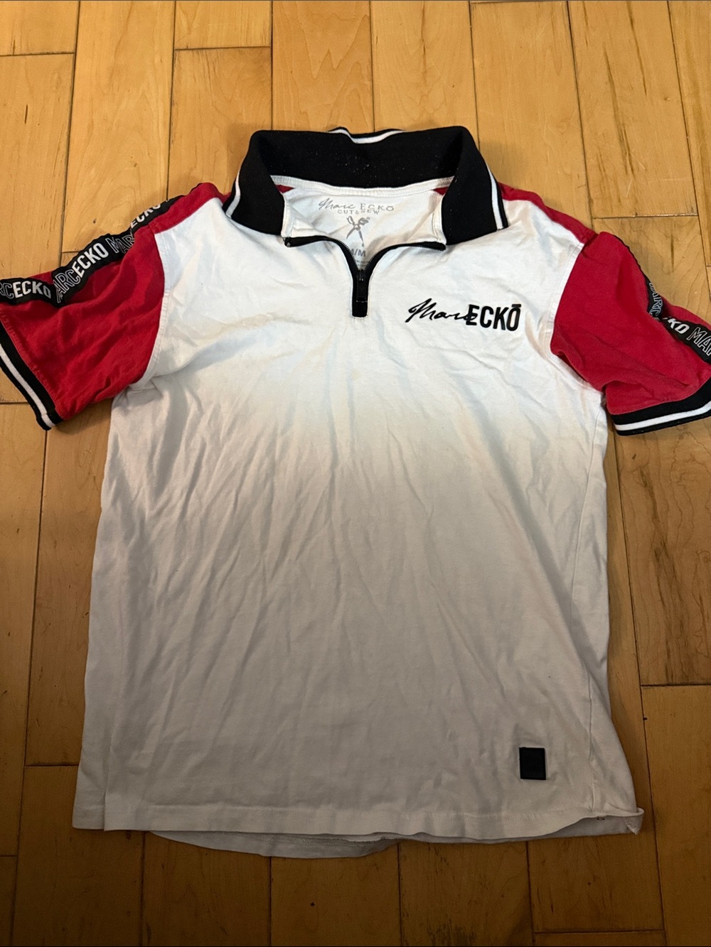 Marc Ecko White Polo with Red Sleeves and Black Collar Trim